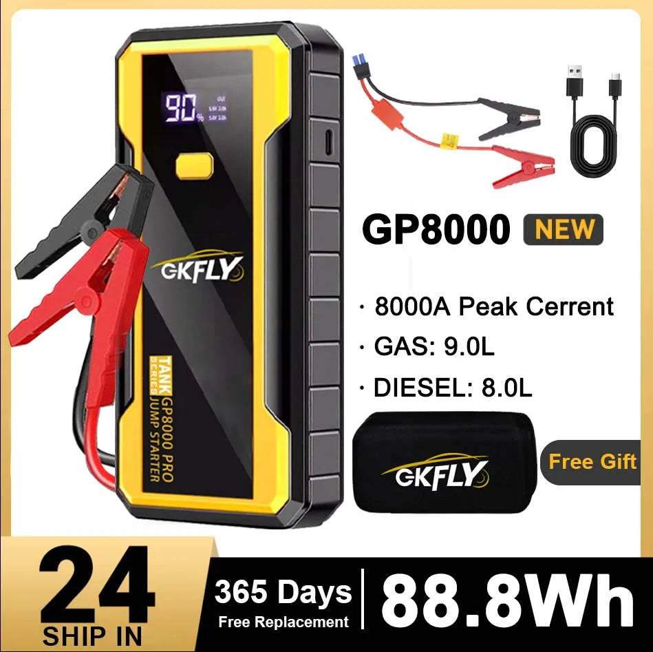 New GKFLY 24000mAh Car Jump Starter Power Bank 8000A 88.8Wh Car Battery Charger Auto Emergency Booster Starting Device