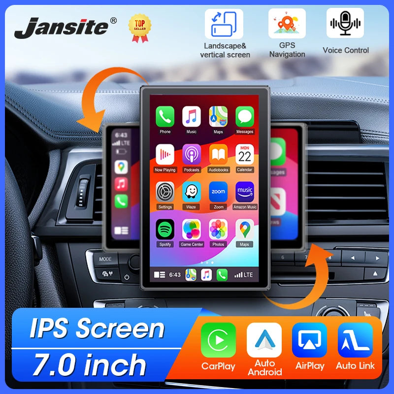 Jansite 7" Portable Multimedia Player Carplay AI Screen IPS Screen GPS Navigation Bluetooth Support Horizontal/Vertical Screen CM World