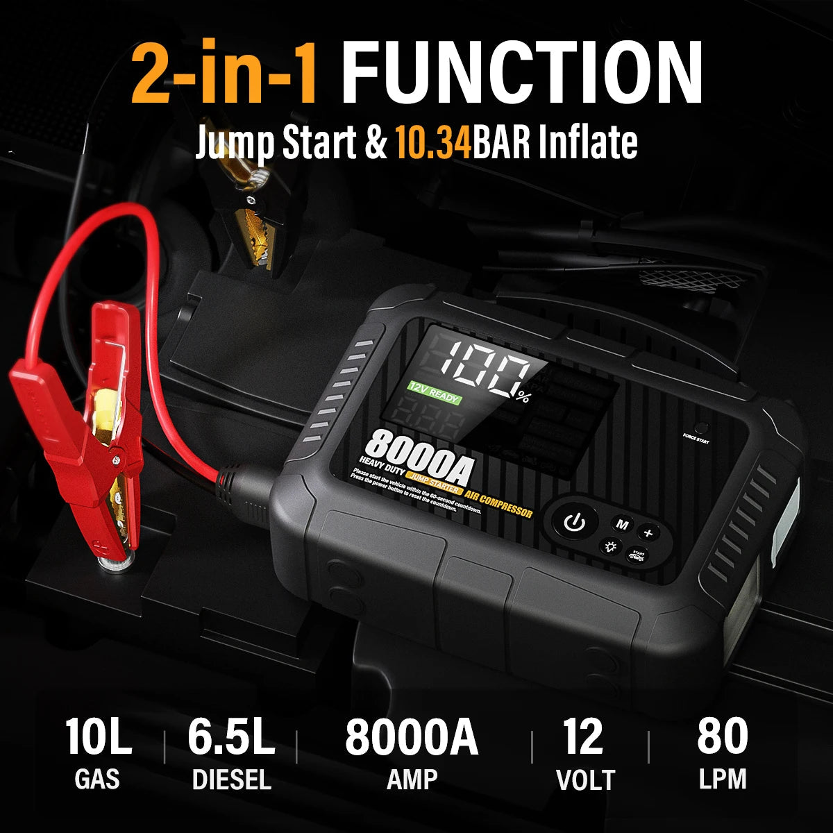 AdoreTrip 8000A All-in-One Car Jump Starter with 150PSI 10.3BAR Air Compressor, 12V Battery Booster Safe Emergency Starting Device Car Mobile World