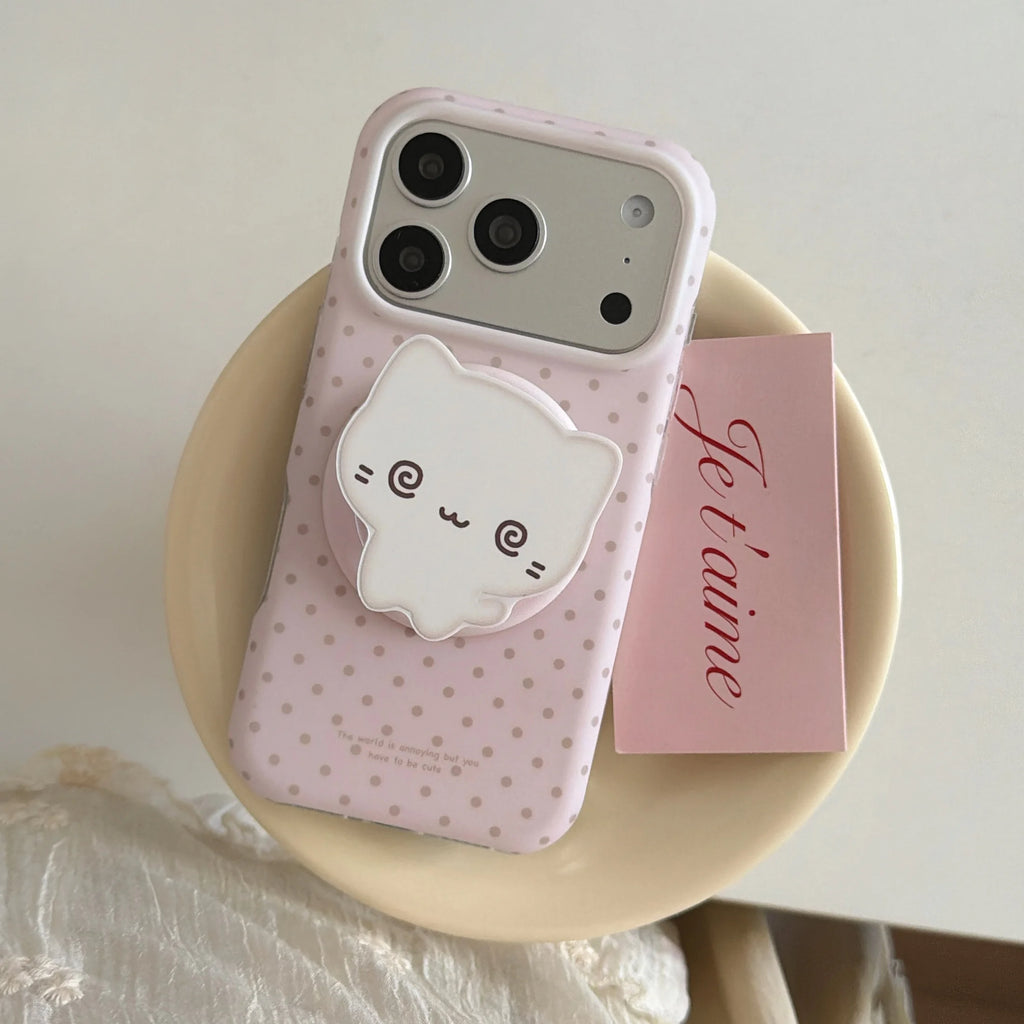 Cute Simple Wave Point Pattern Matte Pink Protective Cover Case For iPhone 17 16 15 14 Pro Max with Cat Magnetic Holder