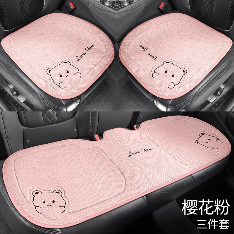 Cartoon Bear 3pcs car seat covers, linen anti-slip and breathable car square pads, car seat rear seat pads CM World