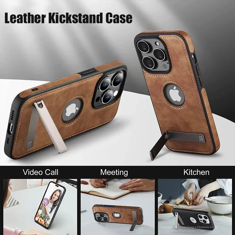 PU Leather Phone Case with Kickstand for iPhone 17 16 15 Pro Max 14 Plus 13 12 11 Mini Soft Grip Luxury Back Cover with Stand Car Mobile World