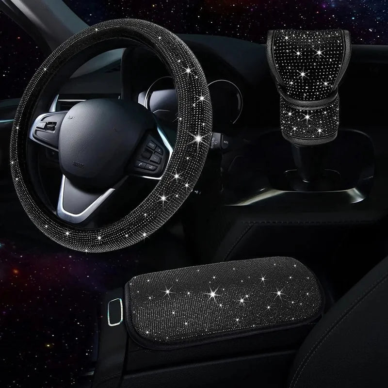 3Pcs Car Accessories Set for Women Steering Wheel Cover Gear Shift Cover Armrest Pad Mat Bling Auto Diamond Decortion Styling CM World