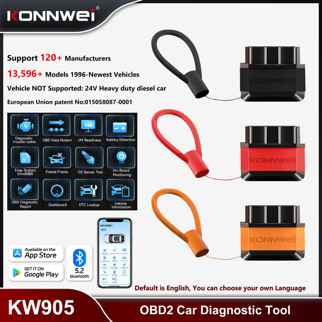 KONNWEI KW905 ELM327 OBD2 Car Scanner Bluetooth 5.0 Engine Fault Scanner Tool OBDII Code Reader Diagnostic Tool for Android/IOS Car Mobile World
