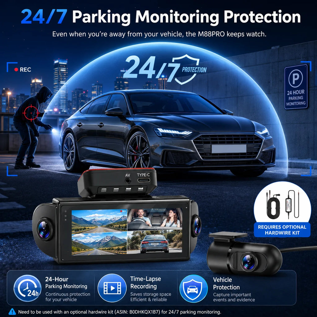 4K 4-CHs Dash Cam WiFi GPS, Front Rear Left Right Car Video Recorder, 24H Parking Monitoring Night Vision Dashcam Supercapacitor