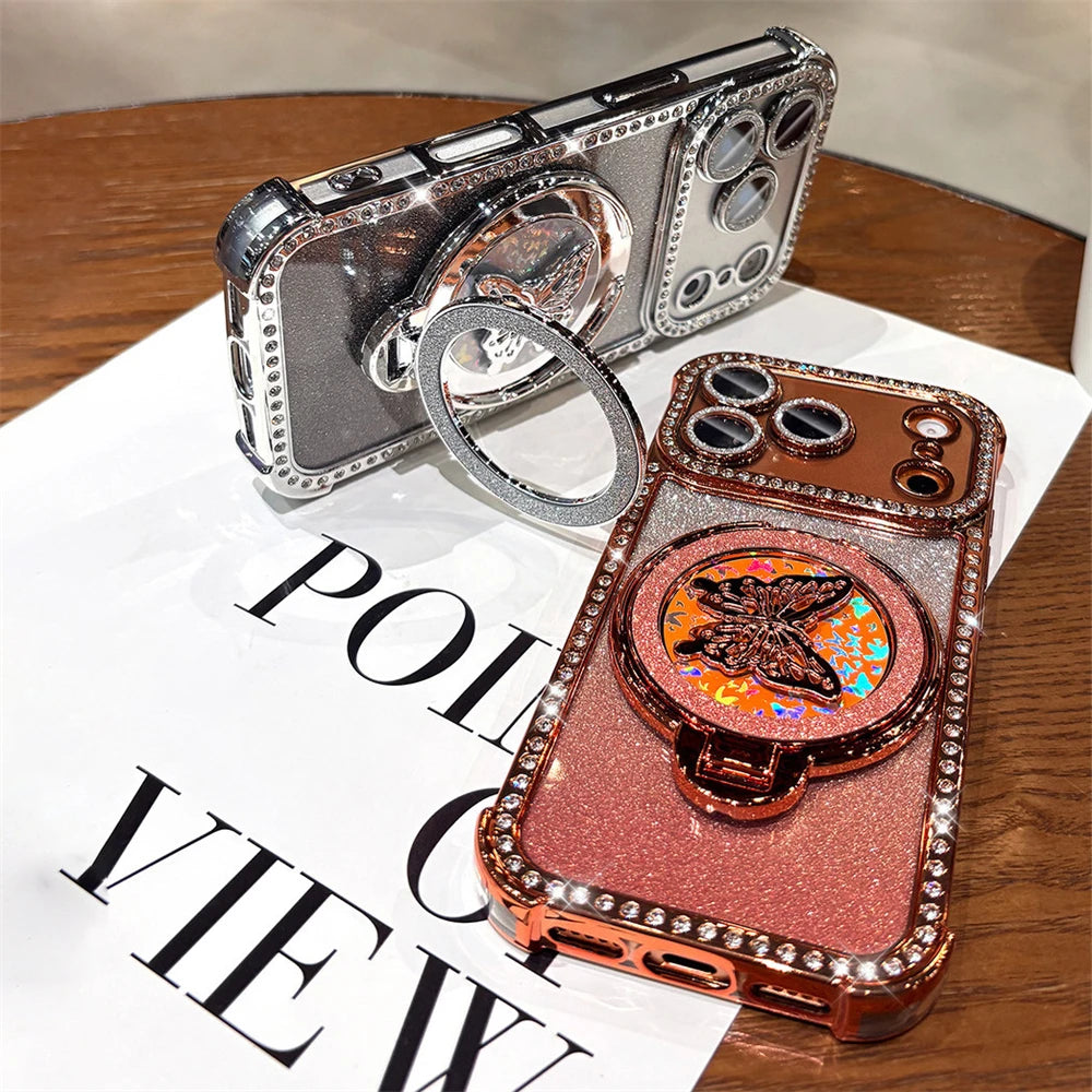Rhinestone Lens Butterfly Bracket Glitter Phone Case for iPhone 17 16 Pro Max 15 14 13 Diamond Gradient Bling Shockproof Cover
