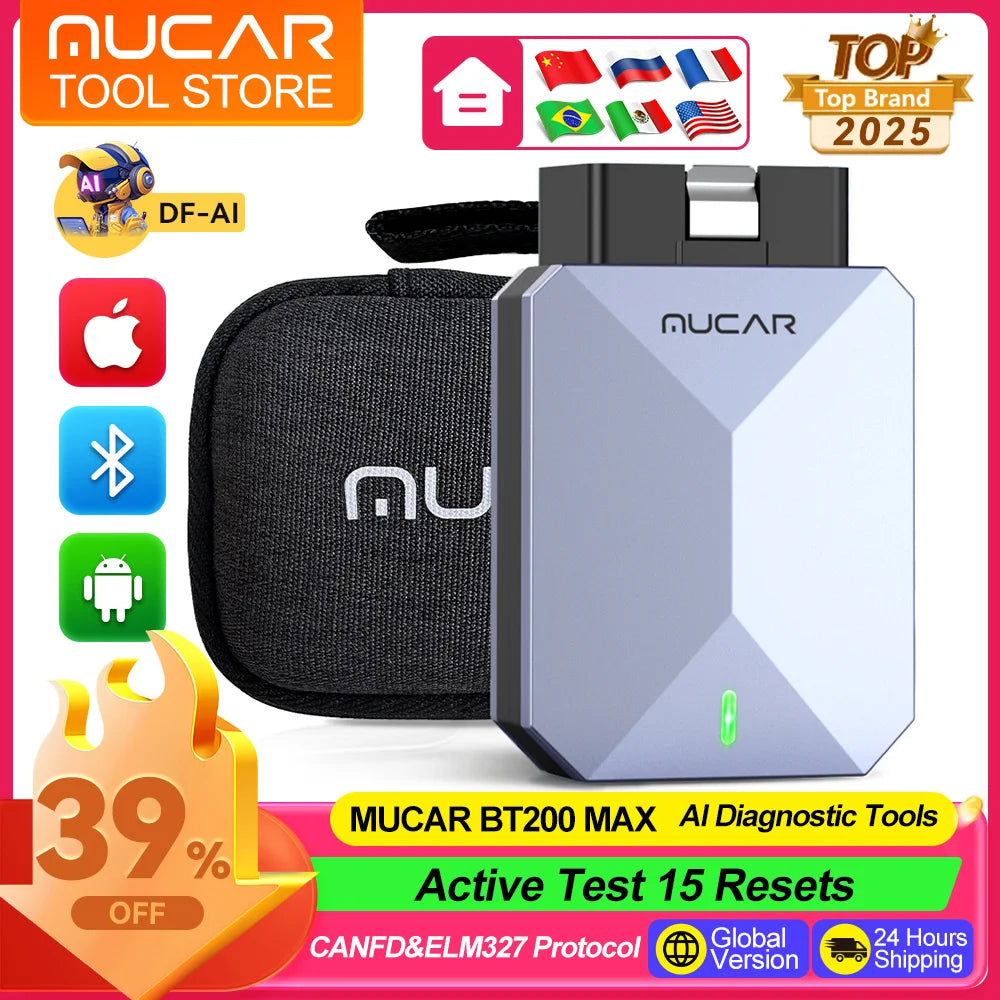MUCAR BT200 MAX Diagnostic Tools All System AI OBD2 Scanner Lifetime Free Update CAN FD BI-Directional Mucar Diagnostic Scanner CM World