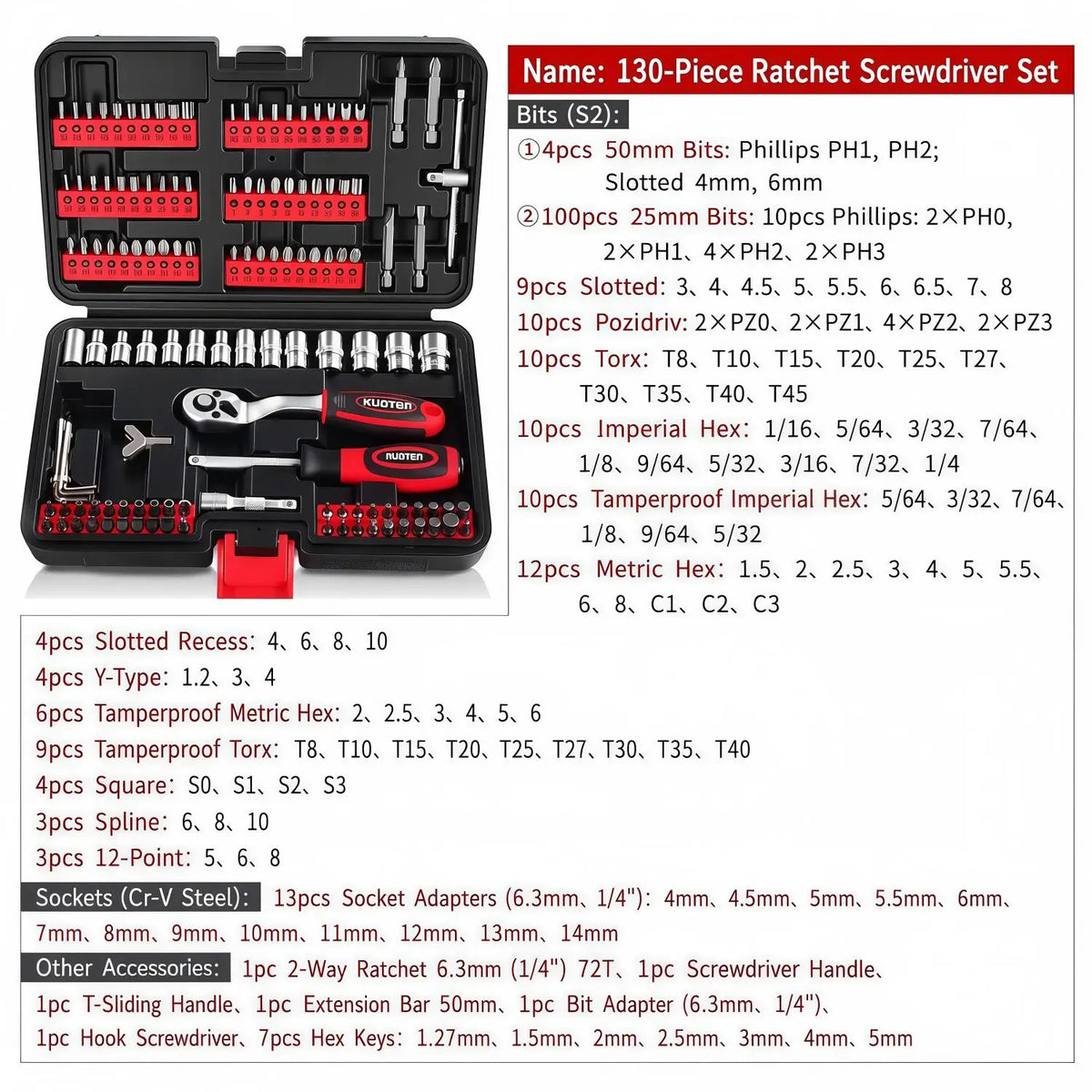 130Pcs 1/4 72 Tooth Ratchet Wrench Socket Screwdriver Hex Wrench Special Shaped Screw Removal Car Motorcycle Home Tool Set Kit