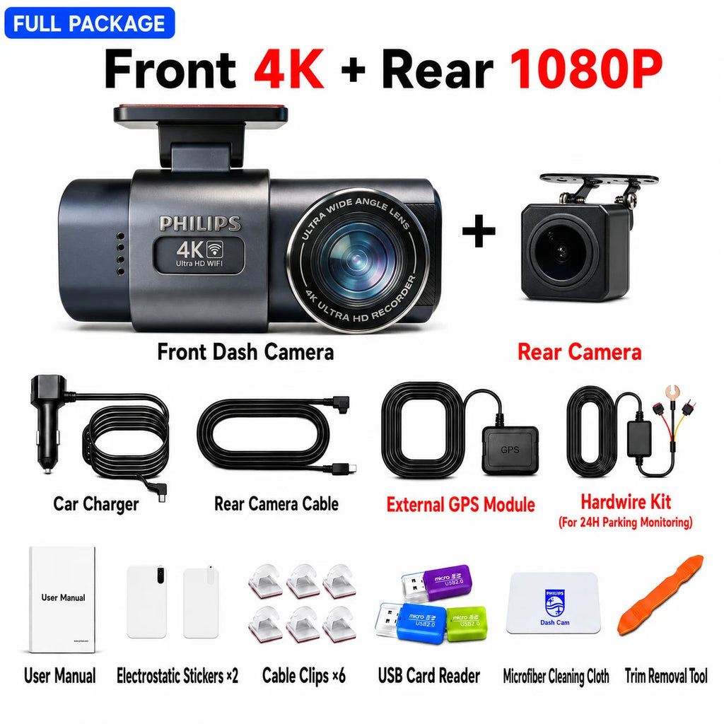 PHILIPS Dash Cam B01 4K+1K HDR Front and Rear Dual Camera 2.4GHz & 5GHz WiFi GPS 24H Parking Monitor Car DVR Video Recorder Car Mobile World