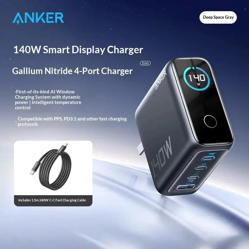 Anker 140w Gan Charger Pd 100w Multi Port Digital Display Ai Temperature Control Fast Charging For Macbook Laptop Phone Tablet Car Mobile World