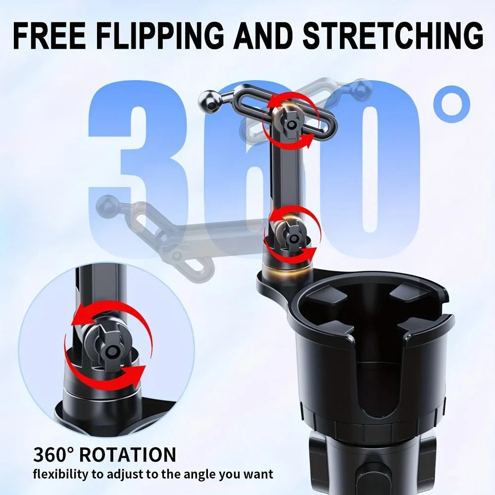 2-in-1 Car Cup Phone Mount with Adjustable Base 360-Degree Rotation Compatible with All Smartphones Travel Phone Holder