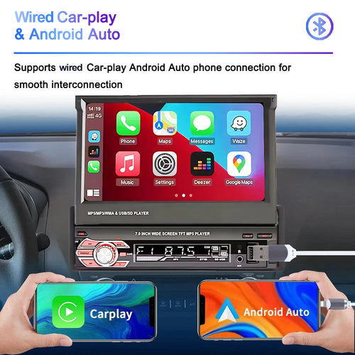 1 Din MP5 Player 7 Inch Carplay Android Auto Universal  Manual Automatic Retractable Touch Screen Car Player FM Radio CM World