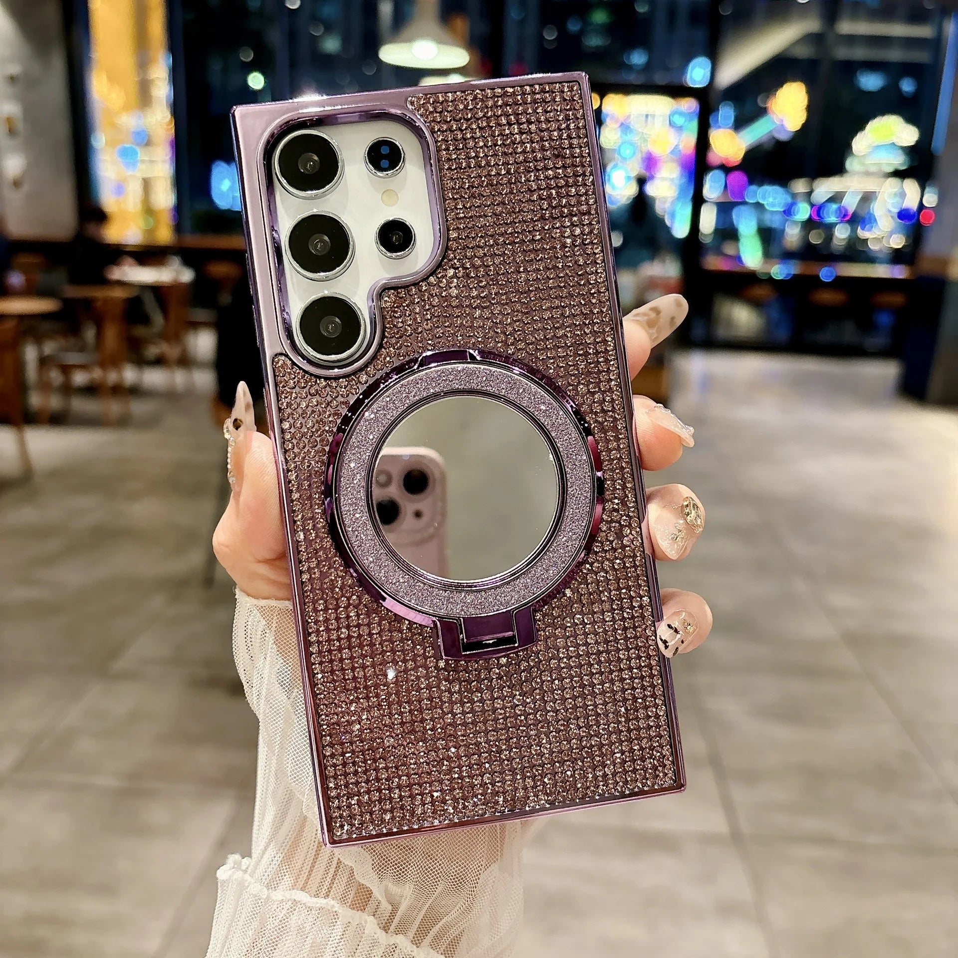 Glitter Stand Mirror Magnetic Cover For Samsung Galaxy S26 S25 Plus S22 S23 S24 Ultra Plating Folding Bracket Diamond Phone Case
