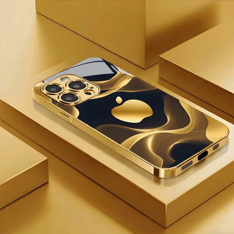 Gilded Fluid For Apple Pattern Gold Metallic Paint Glass Phone Case For iPhone 11 12 13 14 15 16 17 Pro Max Plus 17Air 16E Cover
