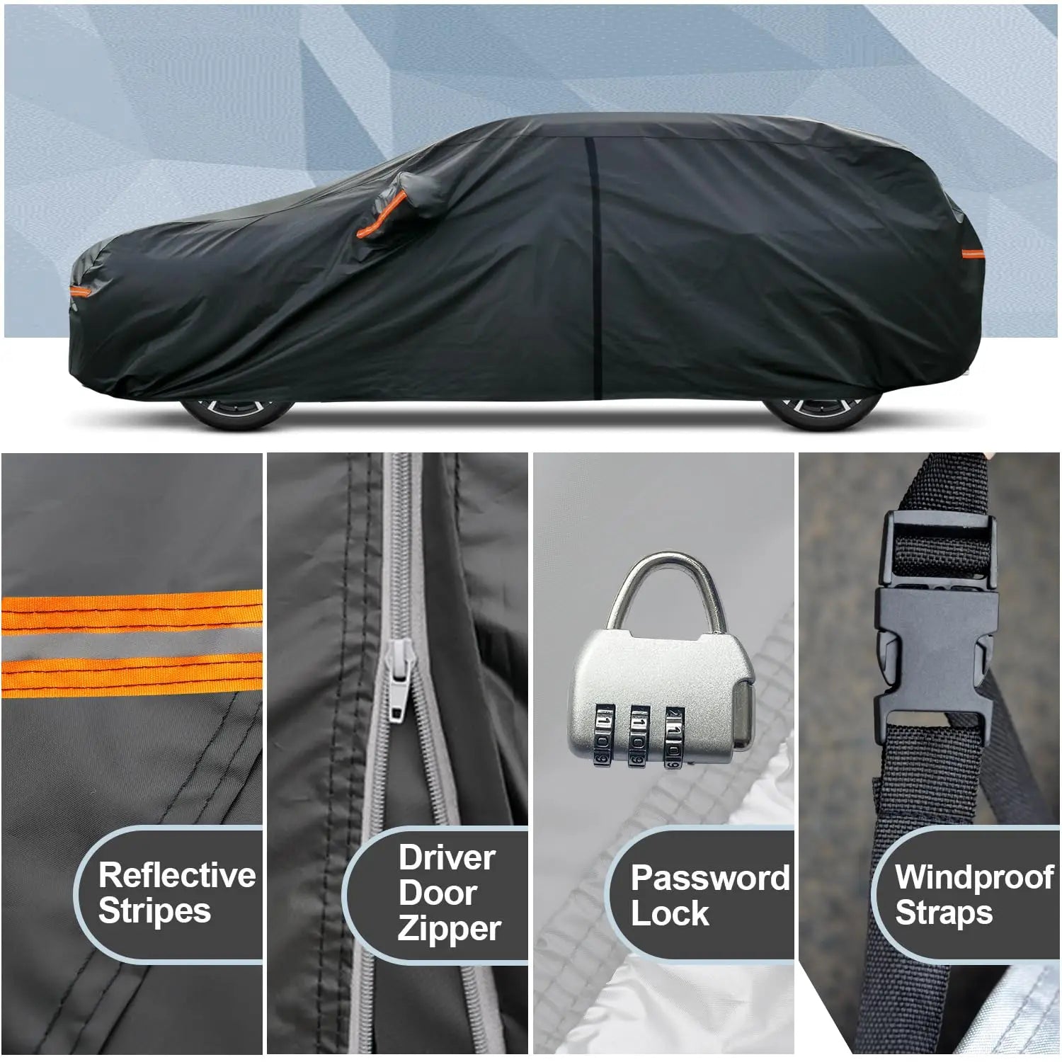 Kayme 210T Lock Zipper Car Cover Waterproof All Weather Sun Uv Rain Protection Outdoor Universal Fit SUV/Sedans/Hatchbacks Car Mobile World