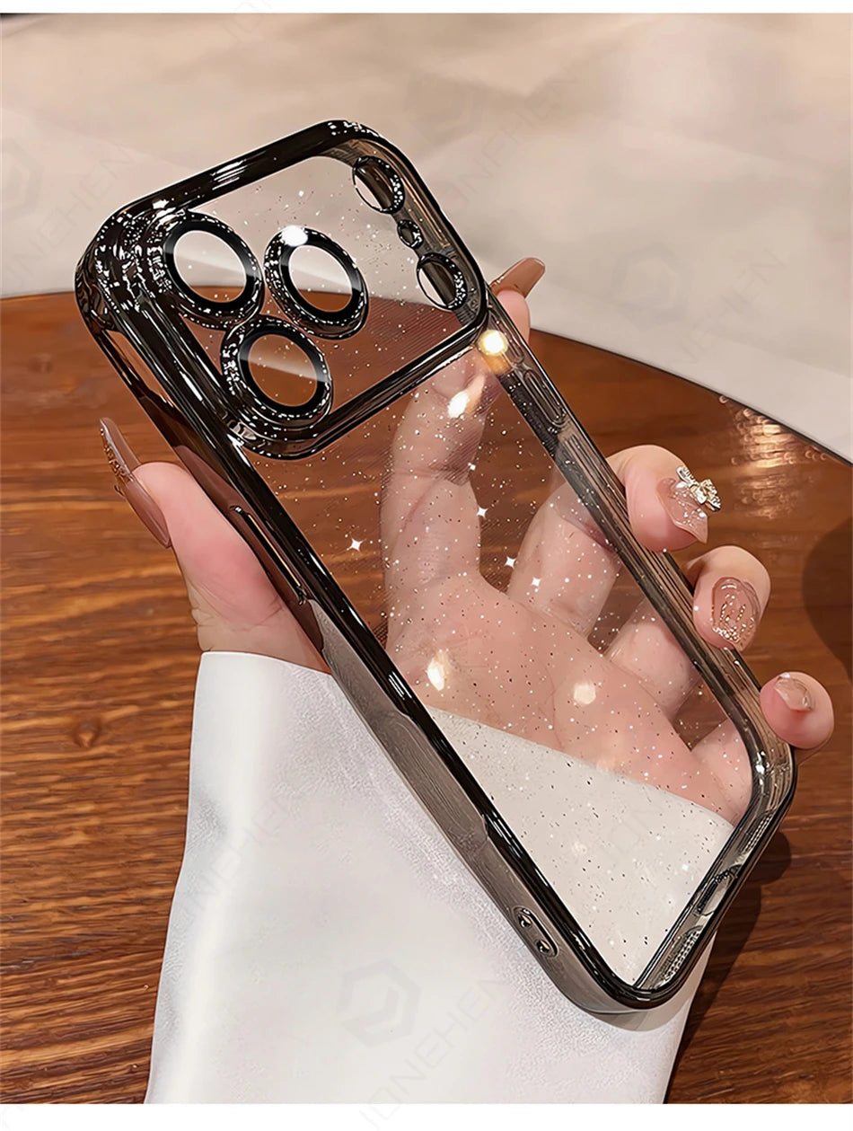 Luxury Transparent Glitter Clear Slim Case For iPhone 12 13 14 Plus 15 16 17 Pro Max Orange Pating Bumper Lens Glass Hard Cover