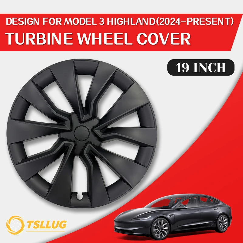 TSLLUG 4PCS 19 Inch Wheel Hub Caps For Tesla Model 3 Highland 2024-2026 Turbine Car Wheel Hubcap Accessories Full Edge Wrapping