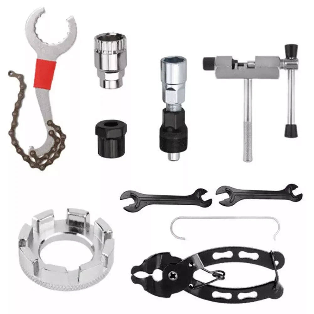 9PCS Bike Repair Tool Kit Crank Chain Cutter Extractor Freewheel Puller Crank Puller Spoke Wrench Complete Bike Maintenance Kits CM World