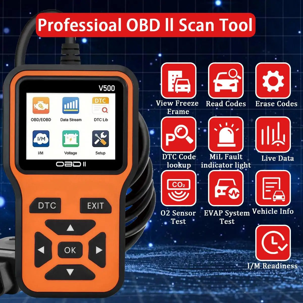 Car OBD2 Scanner Diagnostic Tool Code Reader, Car Voltage Tester Engine Fault Code Scanner, Charging Tester Diagnostic Tool V500 Car Mobile World