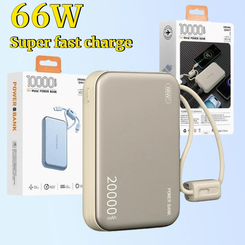 Hot 20000mAh Power Bank 66W Fast Charging Built in Cables Powerbank for IPhone Xiaomi Huawei Samsung External Spare Battery
