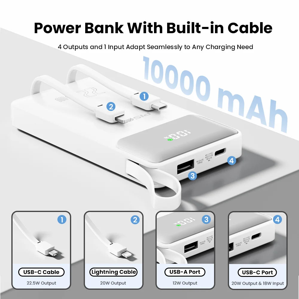 PISEN 3C Certified 22.5W Power Bank 10000mAh/ 20000mAh With Built-in Type C/L Cables Fast Charging Powerbank For iPhone Samsung Car Mobile World