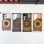 Aluminum Metal Frame Wood Back Case For Samsung Galaxy S26 Ultra S25 S24 S23 S22 Ultra 360° Magnetic Holder Wireless Charging