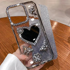 Heart Make up Mirror Case For iPhone 16 Pro Max 15 Plus Plating Butterfly Cover For iPhone 14 Pro 13 12 17 Glitter Diamond Case