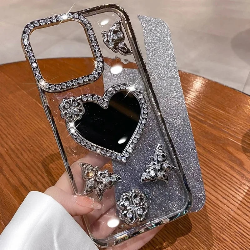 Heart Make up Mirror Case For iPhone 16 Pro Max 15 Plus Plating Butterfly Cover For iPhone 14 Pro 13 12 17 Glitter Diamond Case