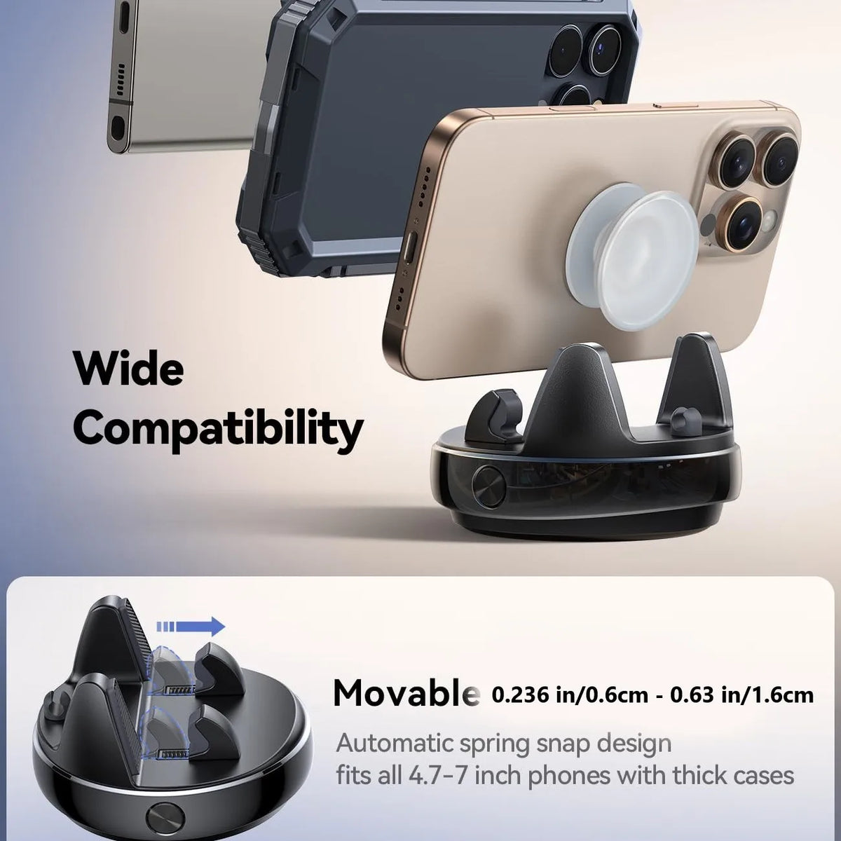 Car Phone Holder with 360° Adjustable & Avoid Sun Glare, Anti-slip Spring Snap Design Dashboard Cell Phone Holder, Phone Holders
