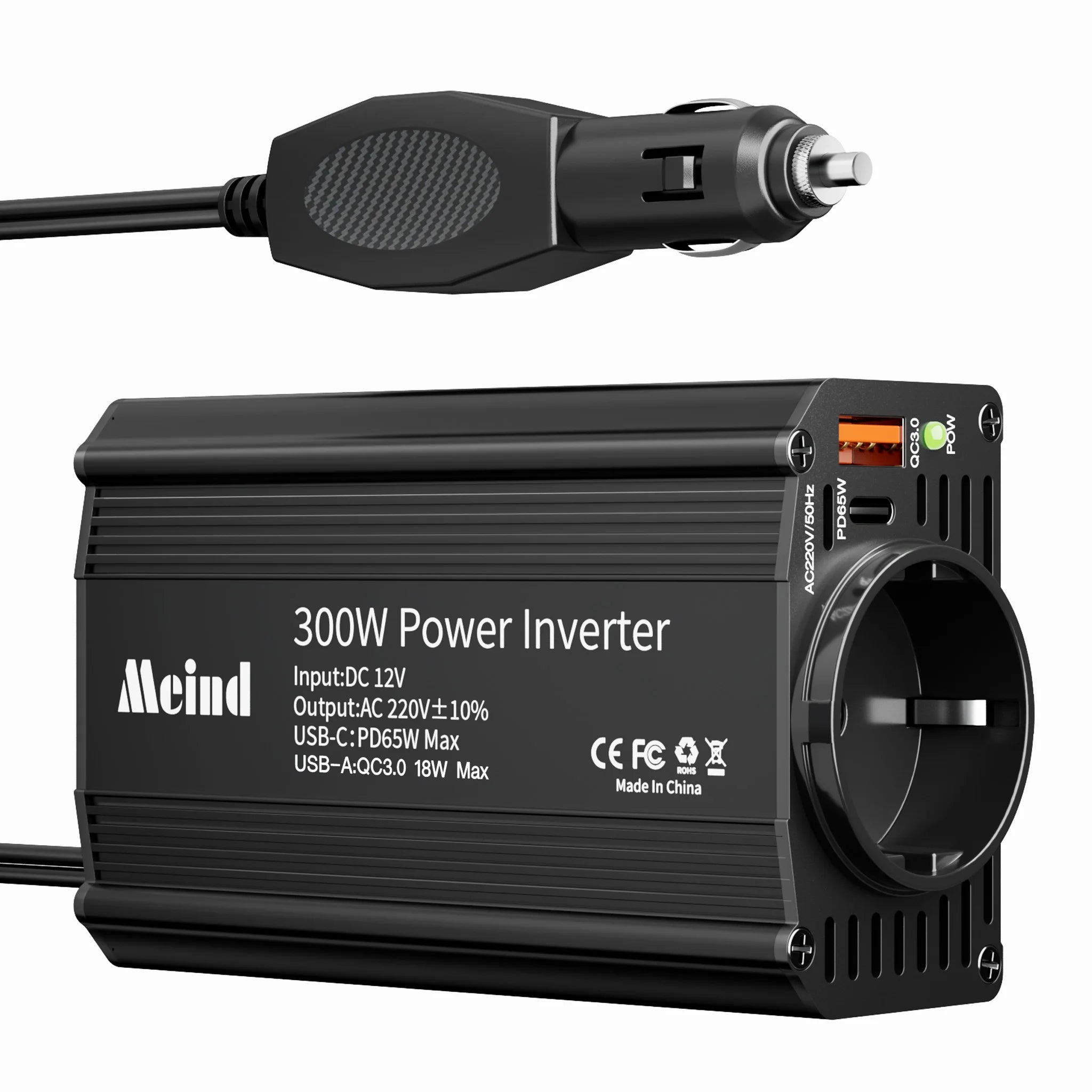 Meind 300W Car Power Inverter with EU Socket DC12V to AC220V Car Charger with Dual USB ports PD65W + QC3.0 CM World