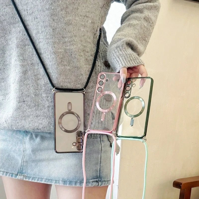 Magnetic Case For Samsung Galaxy S26 Ultra S25，S24,S23,S22 FE  Plus Wireless Clear Plating Strap Crossbody Lanyard Soft Cover
