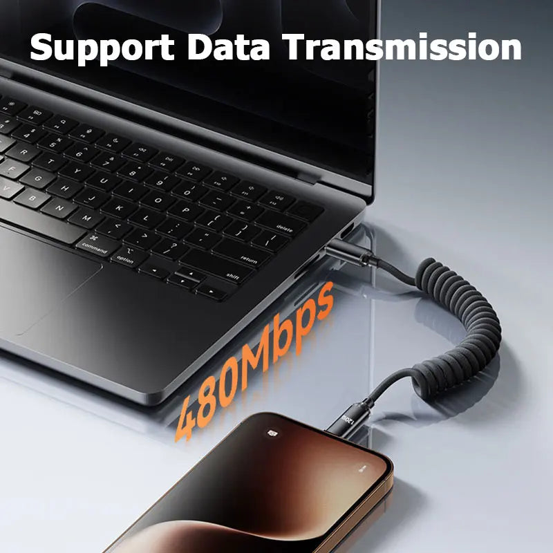 120W Car Spring Data Cable Retractable USB C To Type C Fast Charging Cable for iphone 15 16 Samsung Xiaomi USB Type C Cable