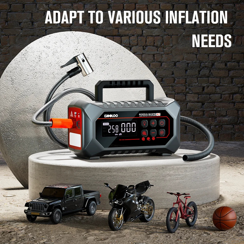 GOOLOO A7 Car Jump Starter with Air Compressor, 6000A & 160PSI Emergency Starter, 12V Supersafe Battery Booster with Tire Inflator & Pump (Inflate/Deflate) for All Gas & Up to 10.0L Diesel Engines