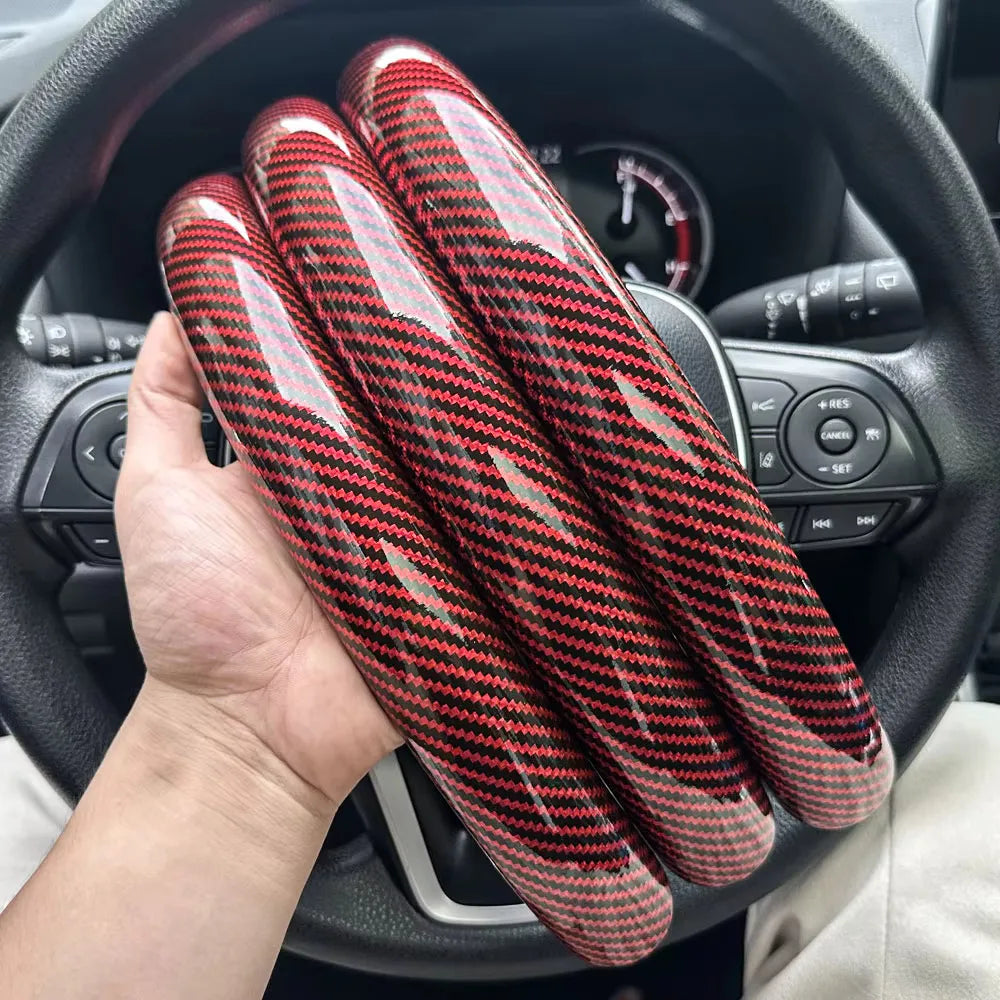 3PCS Laser Carbon Fiber Silicone Car Round Steering Wheel Cover Fiber Leather Wheel Booster Auto Cover Non-Slip Universal parts CM World