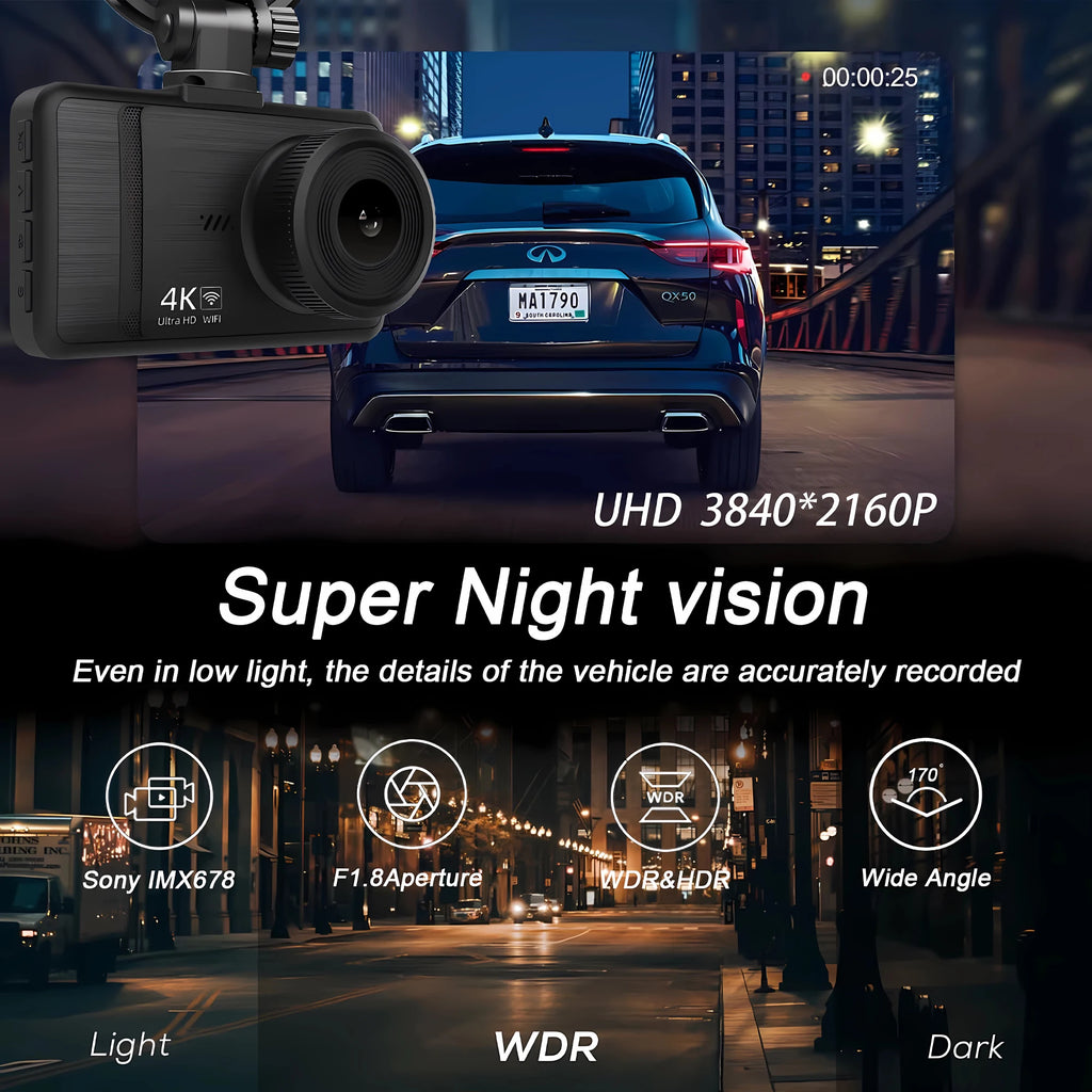 4K 2160P Ultra HD Dash Cam Night Vision With Back 2.5K 1440P Rear Car Video Camera WiFi GPS Logger G-Sensor Loop Recording