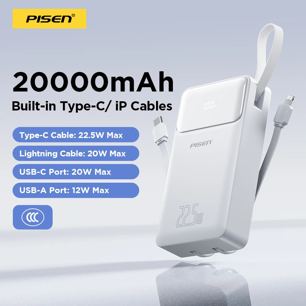 PISEN 3C Certified 22.5W Power Bank 10000mAh/ 20000mAh With Built-in Type C/L Cables Fast Charging Powerbank For iPhone Samsung Car Mobile World