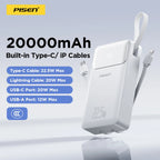 PISEN 3C Certified 22.5W Power Bank 10000mAh/ 20000mAh With Built-in Type C/L Cables Fast Charging Powerbank For iPhone Samsung Car Mobile World