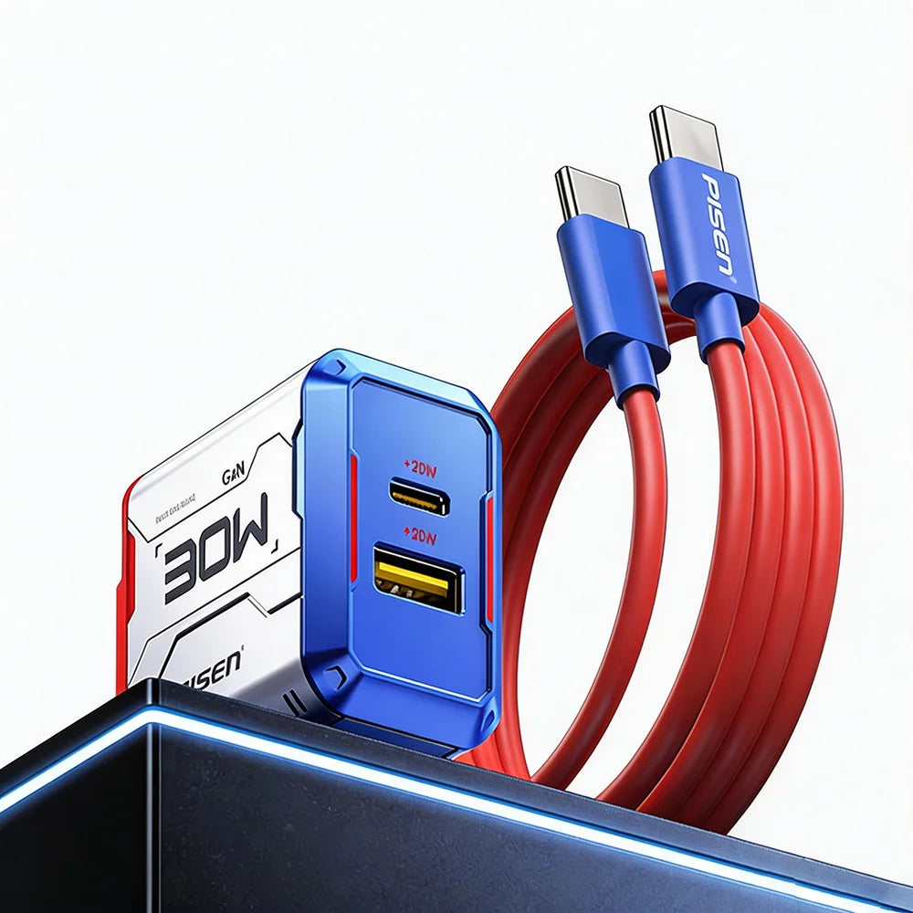 Pisen 30W GaN Charger, USB‑A + USB‑C Dual‑Port Output. Supports PD3.0, PPS, QC3.0, FCP and AFC Protocols. Compatible with iPhone Series, Xiaomi, Huawei, Samsung Smartphones, Tablets & Nintendo Switch.