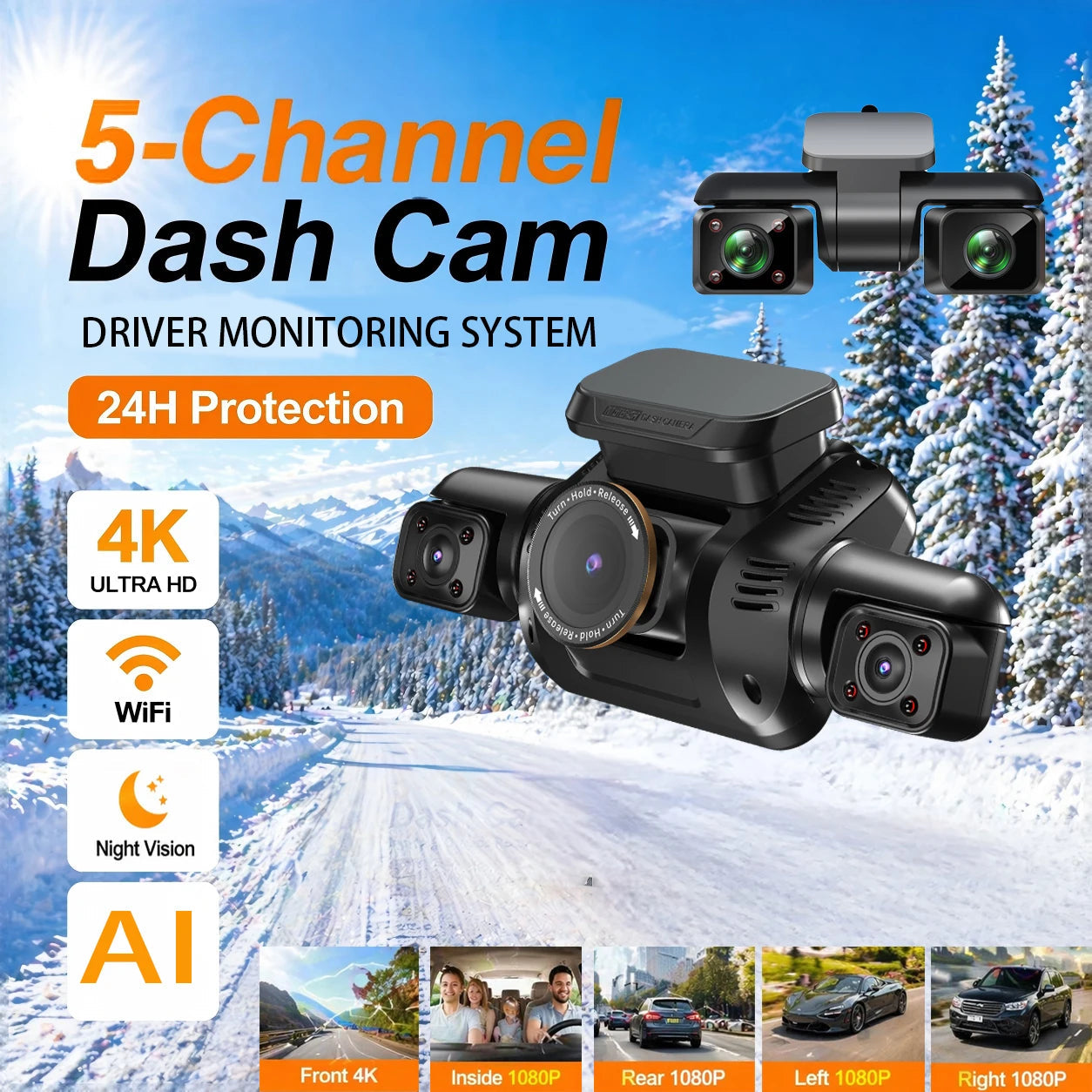 HUPEJOS 360° V8 Ultra-5CH 4K Dash Cam With AI Driver Monitor System DMS Built-in GPS WiFi Night Vision,24/7 Parking Monitor Mode Car Mobile World