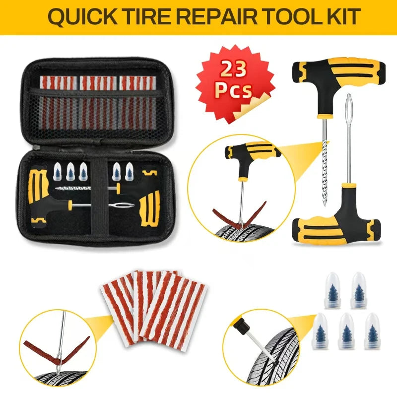 All-in-One Tire Repair Kit: Car Motorcycle Bike Truck Emergency Puncture Plug Tool with Rubber Strips - Roadside & Garage Use CM World