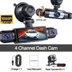 Dash Cam 1080P 360° Vehicle DVR Driving Recorder 4-channel 3.16-inch LCD Screen Rotatable Lens, Night Vision, Loop Recording Car Mobile World