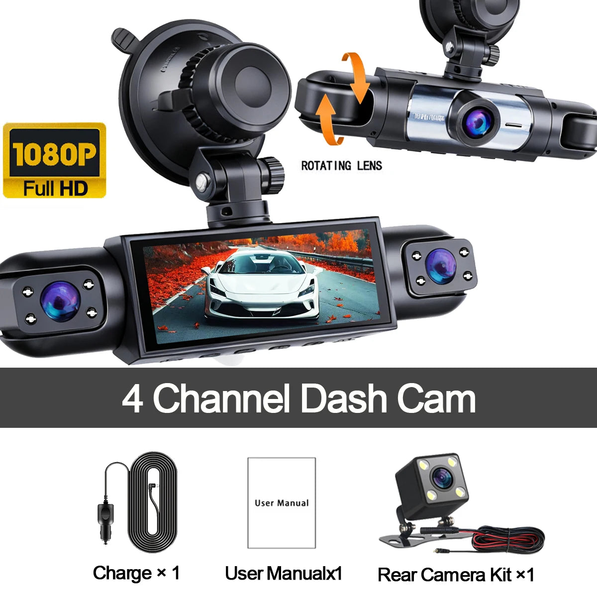 Dash Cam 1080P 360° Vehicle DVR Driving Recorder 4-channel 3.16-inch LCD Screen Rotatable Lens, Night Vision, Loop Recording Car Mobile World