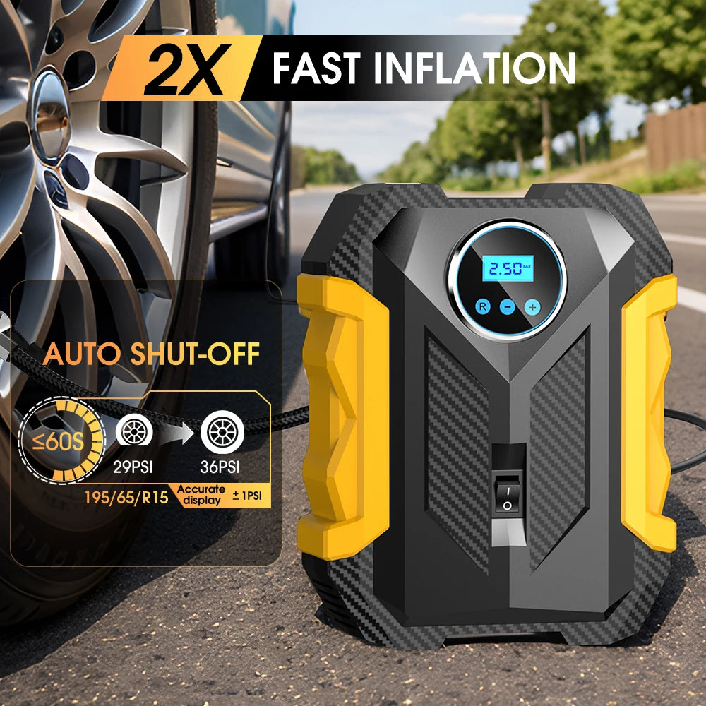 Carsun 150Psi 12V Inflator: Digital Display, Led Light, Smart Tire Pressure, 3m Cord—For Cars, Bikes, Balls CM World