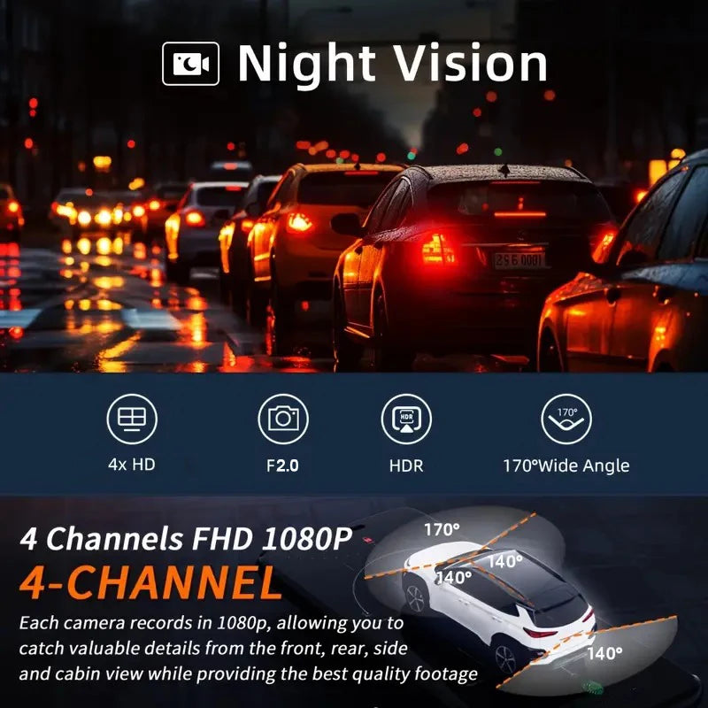 360° Car Dash Cam 4 Channel Black Box WiFi Driving Camera FHD 1080P Front Left Right Rear Night Vision Loop Recording Dashcam Car Mobile World