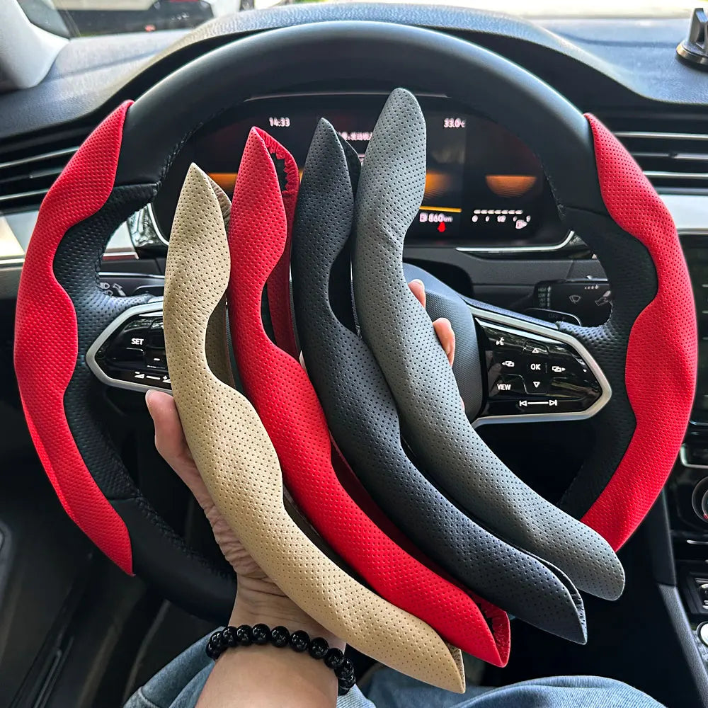 Universal D-shaped Round Car Steering Wheel Cover Ventilation hole Leather Absorb sweat Anti-slip Decoration Accessories 15inch CM World