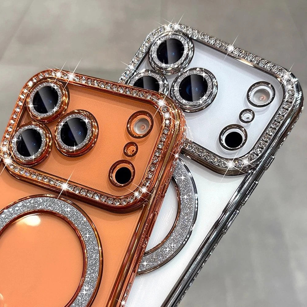 Plating Glitter Rhinestone Diamond Magnetic Phone Case For iPhone 17 Pro Max Air 17Pro For Magsafe Wireless Charging Clear Cover