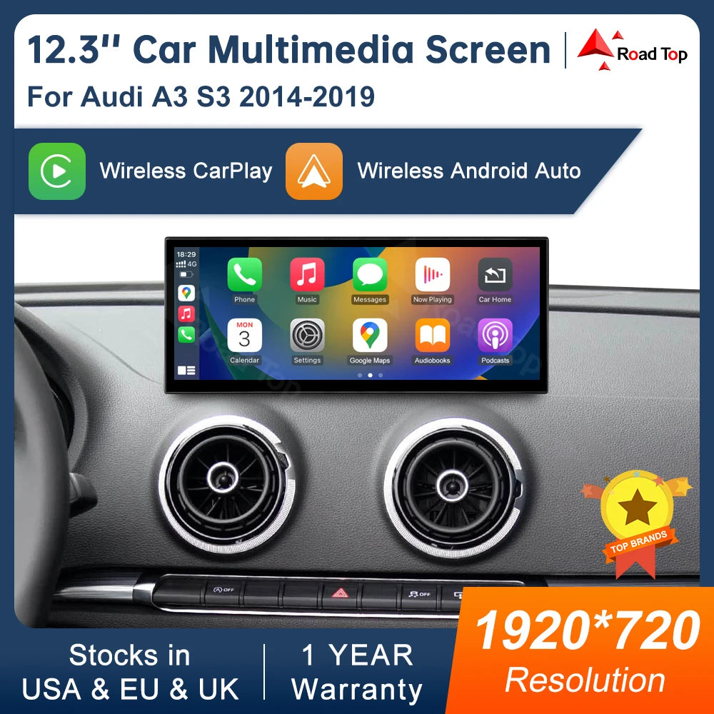 12.3 inch Touch Screen Multimedia Display For Audi A3 2014-2019 Airplay Miracast Function Wireless Carplay Android Auto