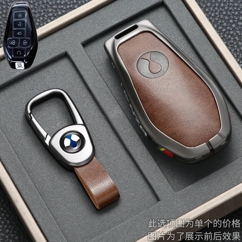 Car Key Case Cover for Denza N9 Smart Remote Key Protector Leather Car Key Case Cover Keychain Zinc Alloy Interior Accessories CM World