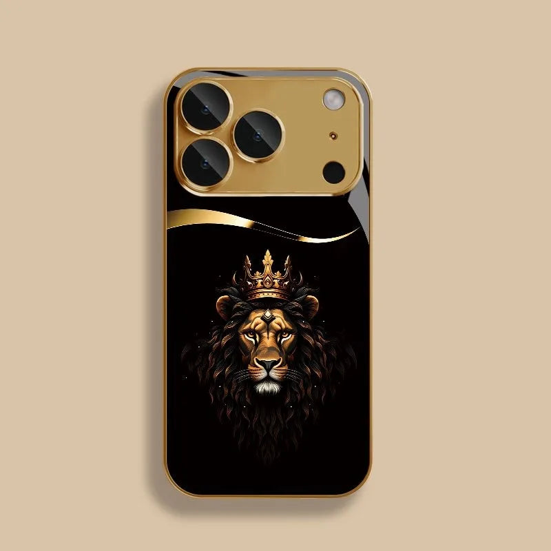 Cool Crown Lion Pattern Gold Metallic Paint Glass Phone Case For iPhone 11 12 13 14 15 16 17 Pro Max 14 Plus 17 Air 16E Cover