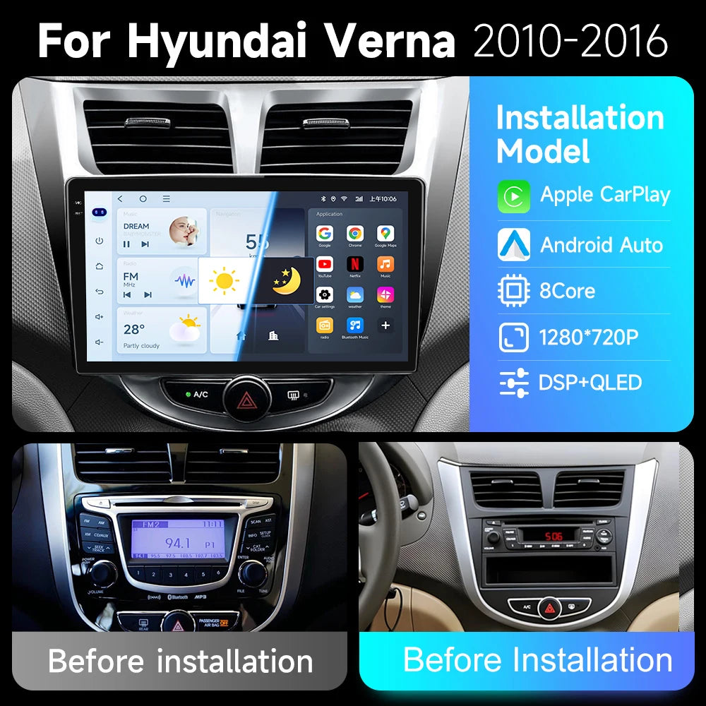 JIUYIN 9“ Android 15 Car Radio For Hyundai Accent Verna Solaris 2010-2016 Multimedia Video Player Carplay 4G WIFI GPS Head Unit CM World